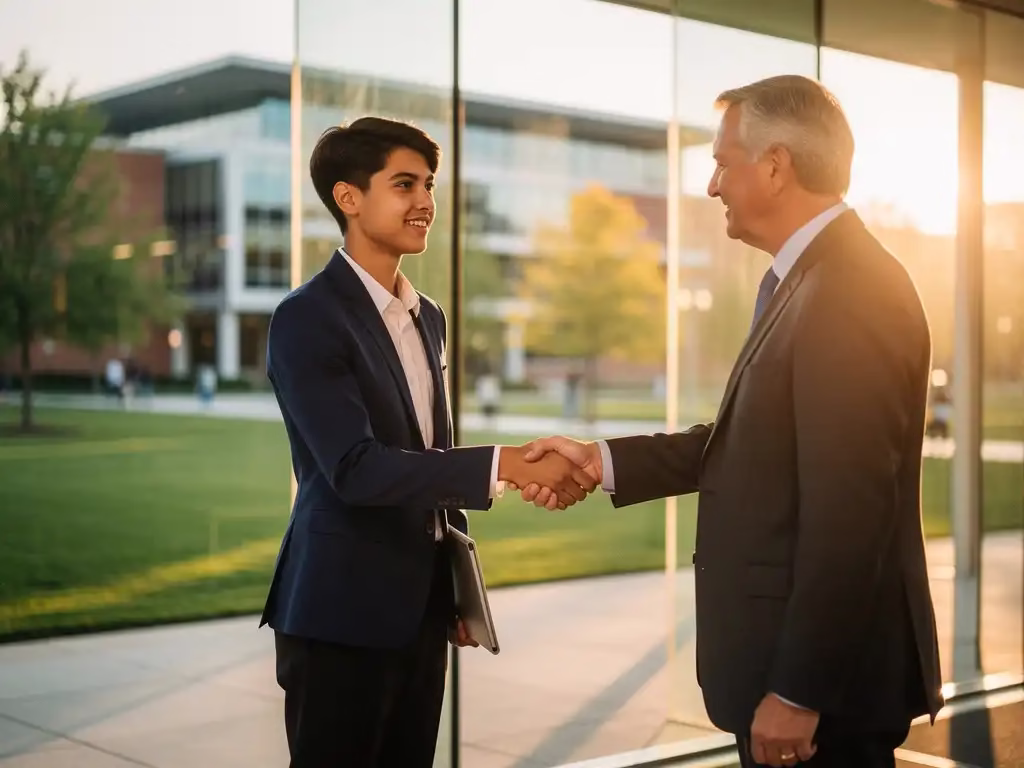Jonge afgestudeerde in blazer schudt hand met professional bij ingang modern kantoorgebouw, universiteit zichtbaar op achtergrond.