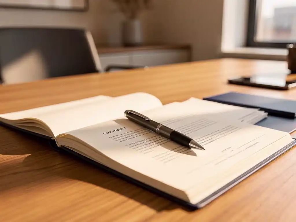 Openliggend arbeidscontract op een eikenhouten bureau met een pen erop, warm kantoorlicht op de achtergrond.
