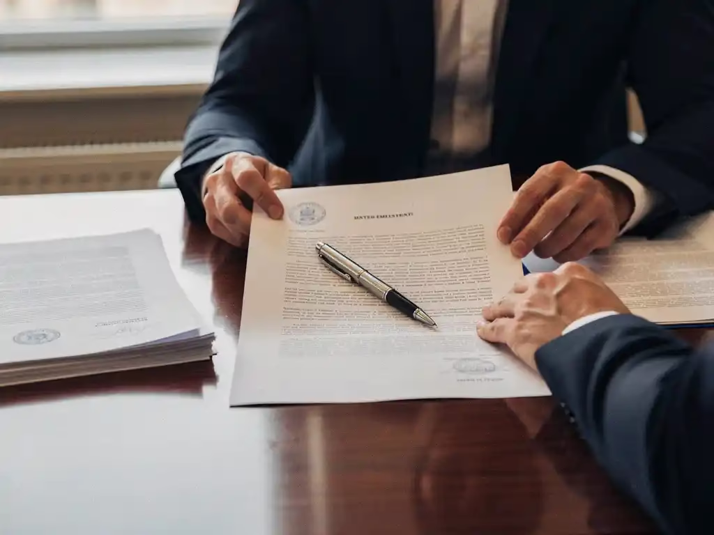 Consultant die een arbeidsovereenkomst bestudeert op een vergadertafel, met officiële overheidsdocumenten en een pen ernaast.