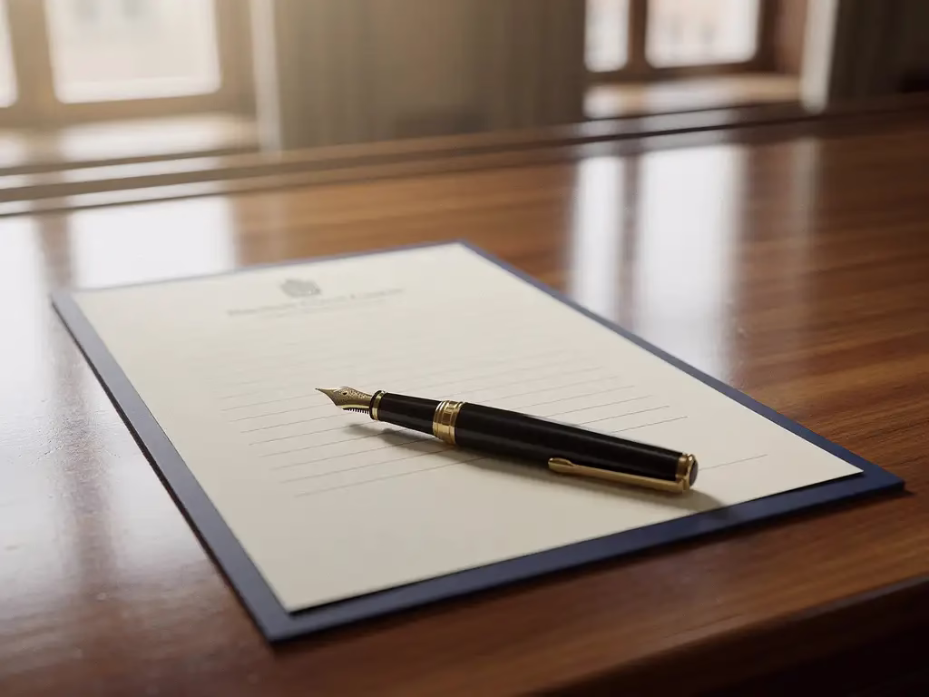 Arbeidscontract op een eikenhouten raadszaal bureau met een vulpen, zacht natuurlijk licht, marineblauwe en perkamenttinten.