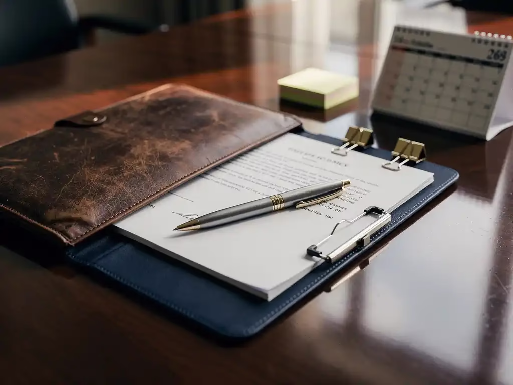 Opengeslagen leren portfolio op vergadertafel met arbeidsovereenkomst, pen en plaknotities in marineblauw en ivoor tinten.