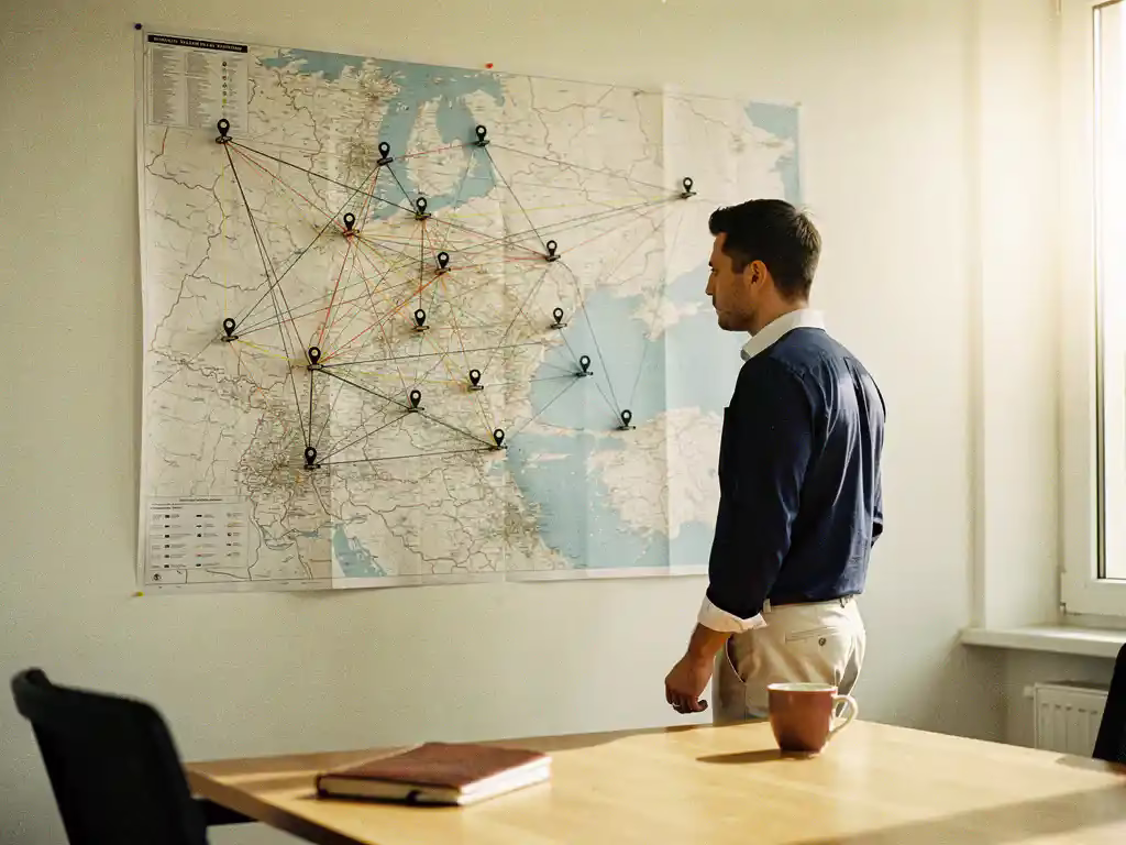 Arbeidsmarktanalist bestudeert een grote kaart met gekleurde draden tussen locatiemarkers, leren notitieboek en koffie op bureau op de voorgrond.