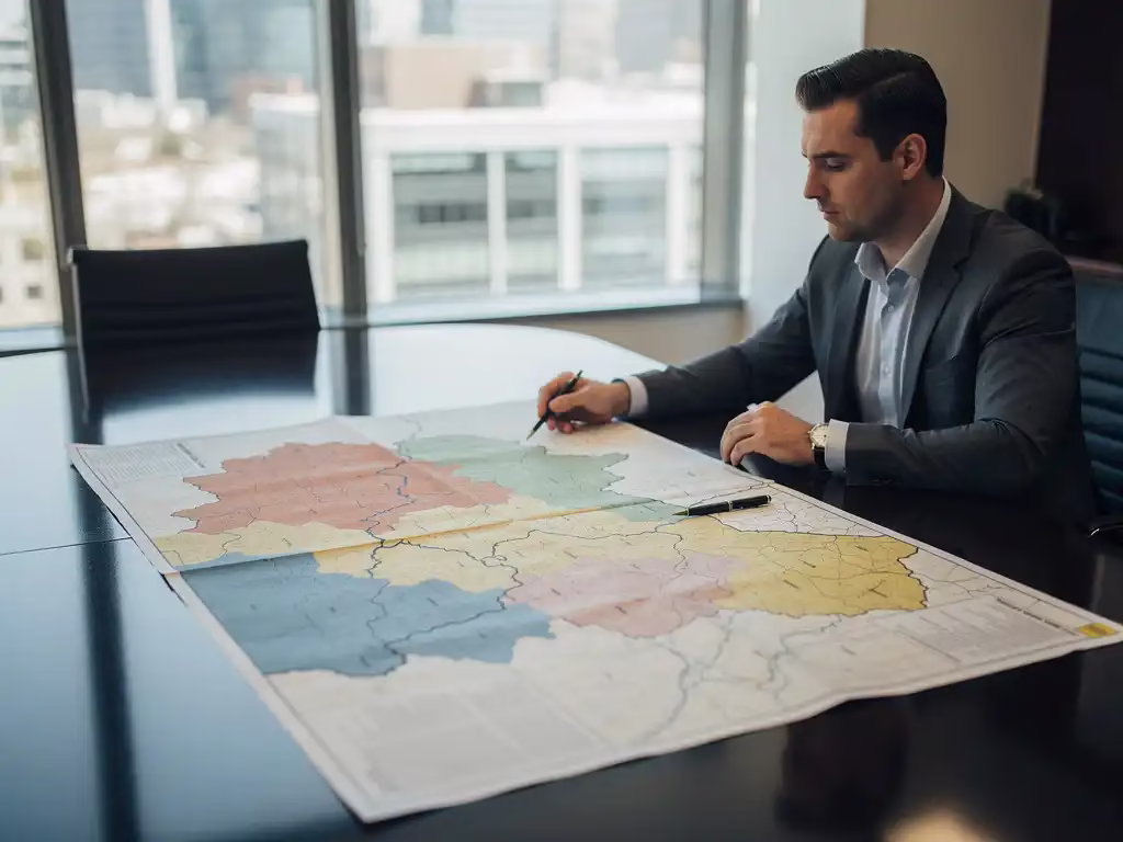 Consultant analyseert een uitgeprinte regionale arbeidsmarktkaart op een vergadertafel, met gemarkeerde zones en een pen ernaast.