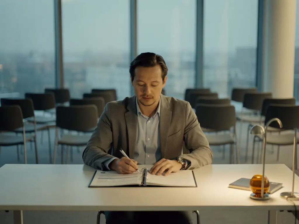 Hiring manager bestudeert eenzame sollicitatiemap op minimalistisch bureau, omringd door lege stoelen in modern Nederlands kantoor.