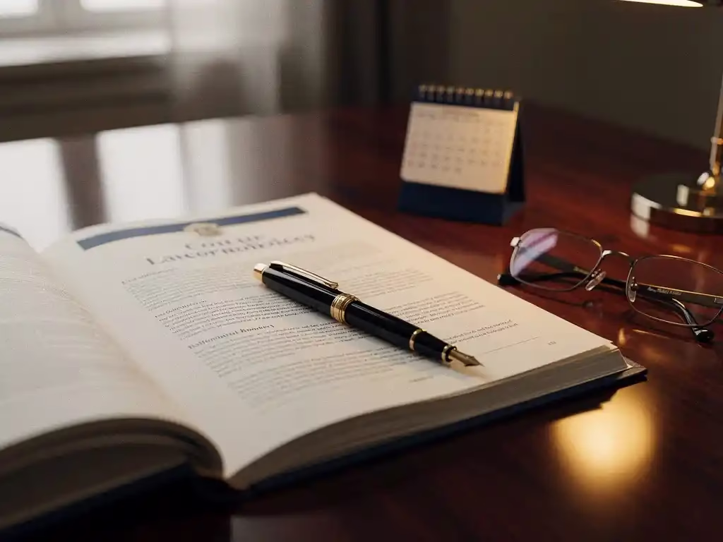 Opengeslagen arbeidsrechtdocument op vergadertafel met vulpen, agenda en leesbril in warm bureaulampicht.