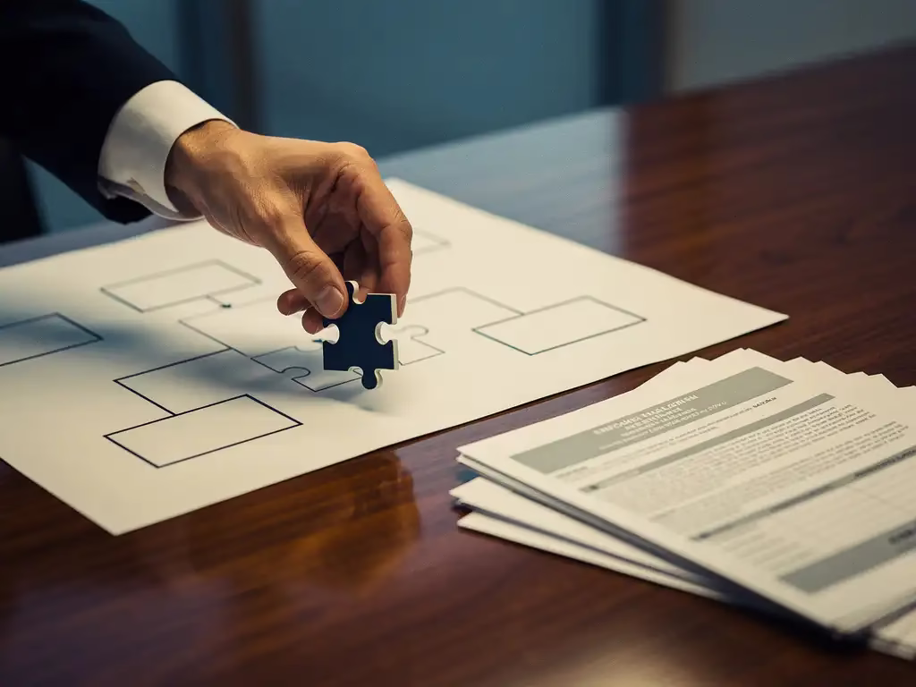 Consultant plaatst een verkeerd uitgelijnde puzzelstuk op een onvolledig organogram, arbeidscontracten verspreid op vergadertafel.