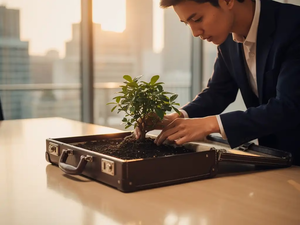 Jonge professional verzorgt plant groeiend uit aktetas op vergadertafel, symbool voor duurzame bedrijfsgroei, warm middaglicht.