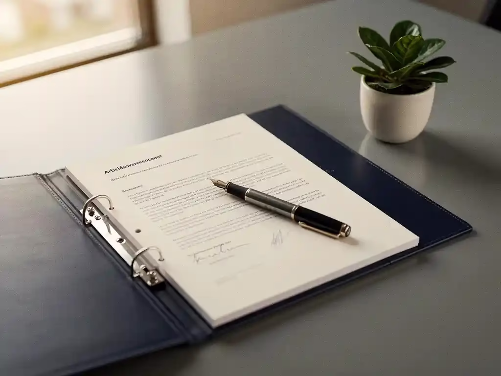 Open HR-beleidsbinder met Nederlandse arbeidscontracten op vergadertafel, vulpen erbovenop, klein bureauplantkje ernaast.