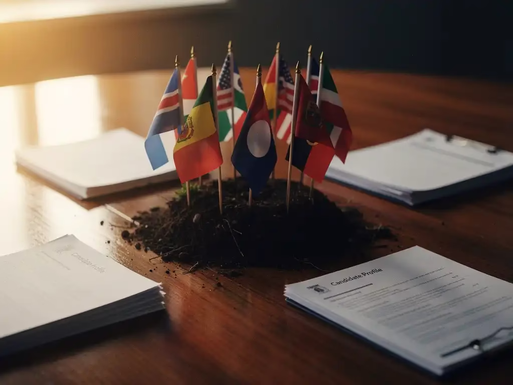 Miniatuurvlaggen van diverse landen geplant in aarde op een vergadertafel, omringd door cv's en een notitieboek, warm goudkleurig zijlicht.