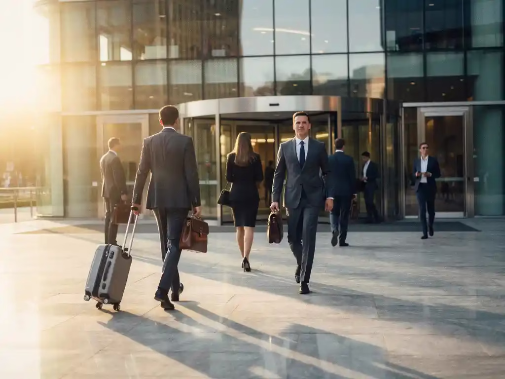 Diverse groep professionals met koffers en aktentassen bij ingang van modern glazen kantoorgebouw in gouden ochtendlicht.