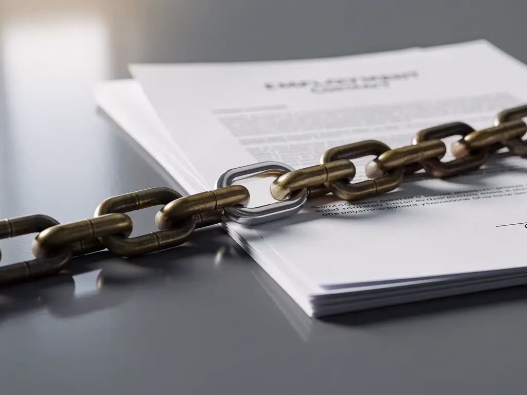 Metalen ketting met één opvallend nieuwe schakel op een arbeidsovereenkomst, symboliseert een contractwijziging, op een vergadertafel.