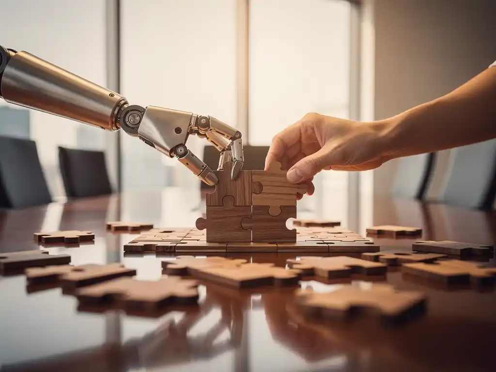 Robotarm en menselijke hand plaatsen samen het laatste stuk van een houten puzzel op een vergadertafel, symbool voor mens-machine samenwerking.