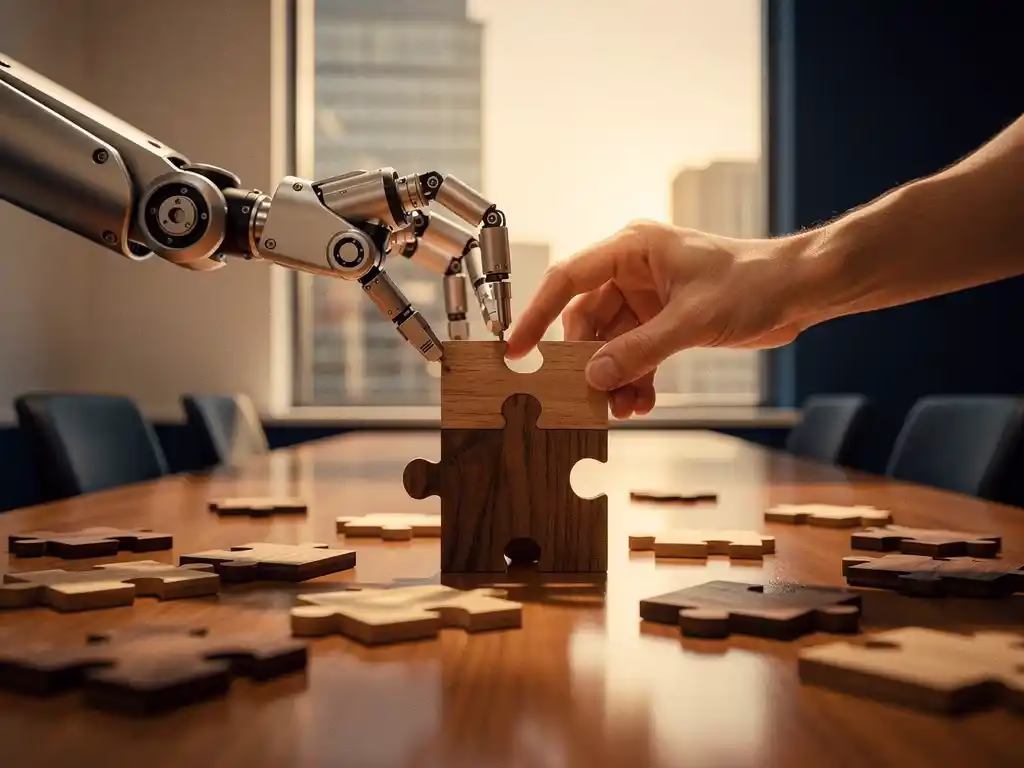 Robotarm en menselijke hand plaatsen samen het laatste stuk van een houten puzzel op een vergadertafel, symbool voor samenwerking op de arbeidsmarkt.