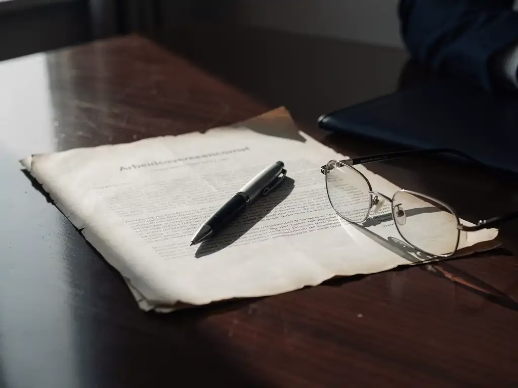 Versleten Nederlands arbeidsrechtdocument op vergadertafel met leesbril en pen, zachte raamlicht en diepe schaduwen.