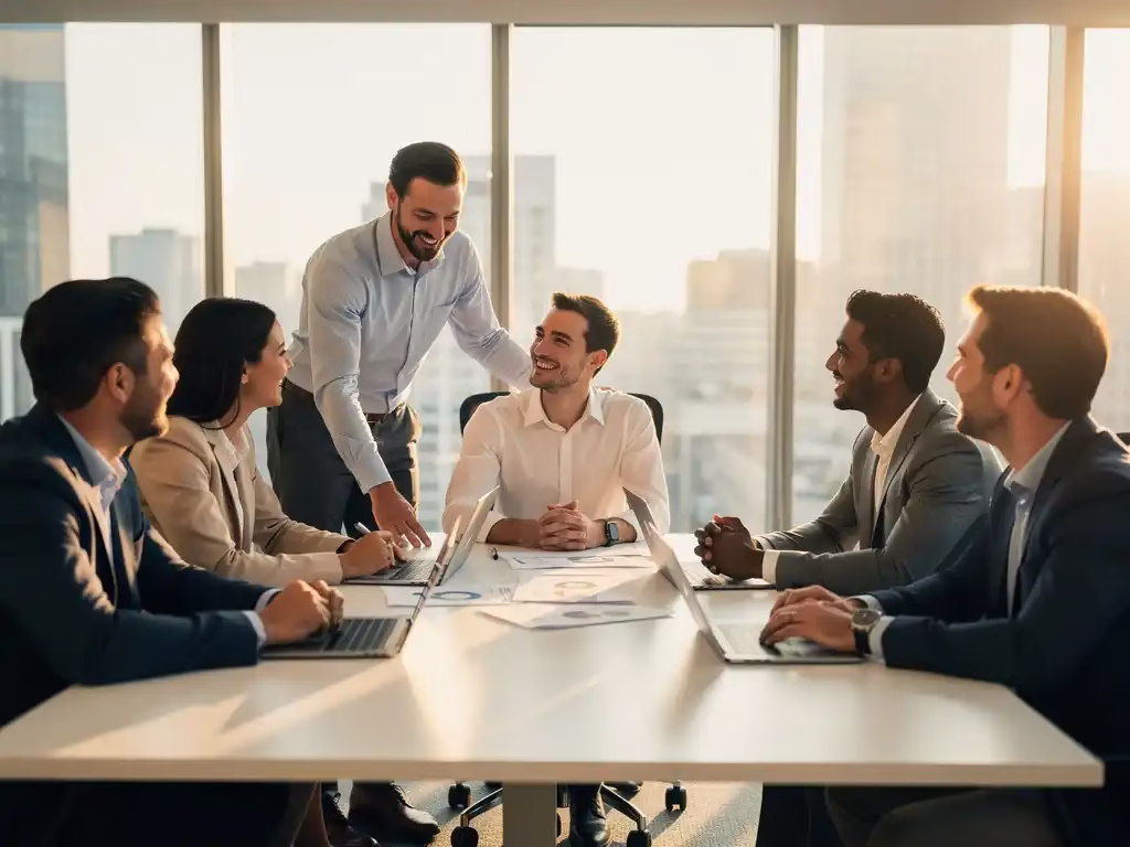 Divers team verwelkomt nieuwe collega tijdens onboarding sessie in modern kantoor met natuurlijk licht en gedeelde documenten.