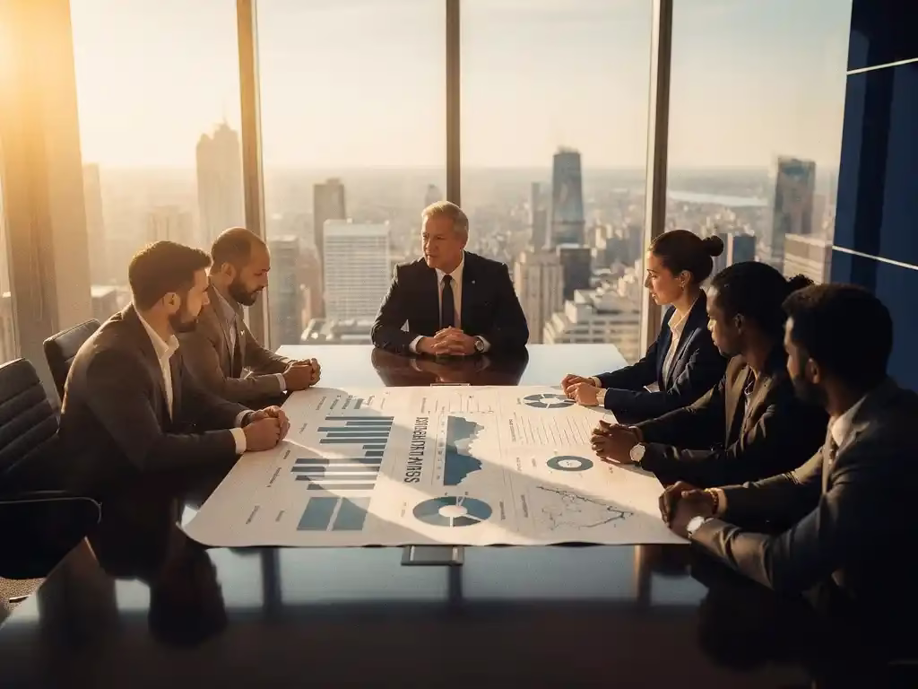 Consultant en diverse professionals rond vergadertafel met personeelsplanningsdocument, modern kantoor met uitzicht op stadssilhouet.