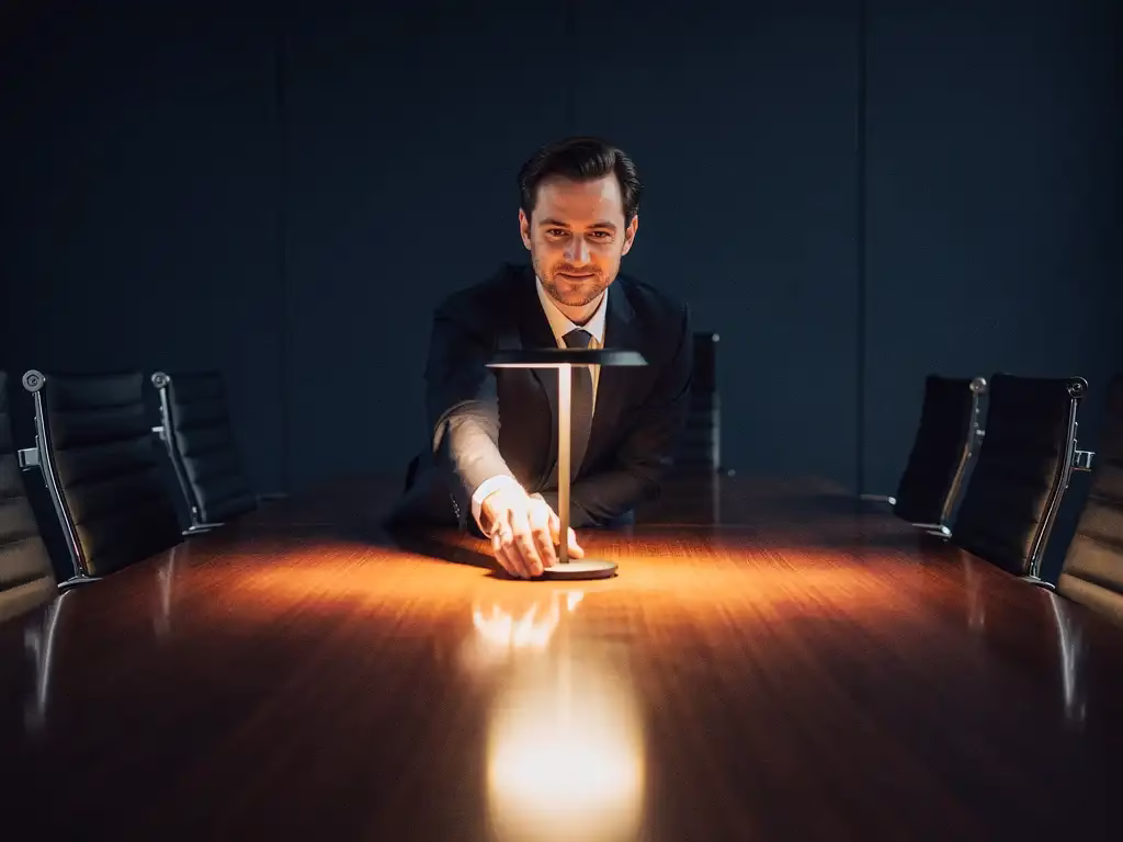 Professional reikt naar gloeiende bureaulamp in donker kantoor met lege stoelen, symboliseert schaarste aan talent.