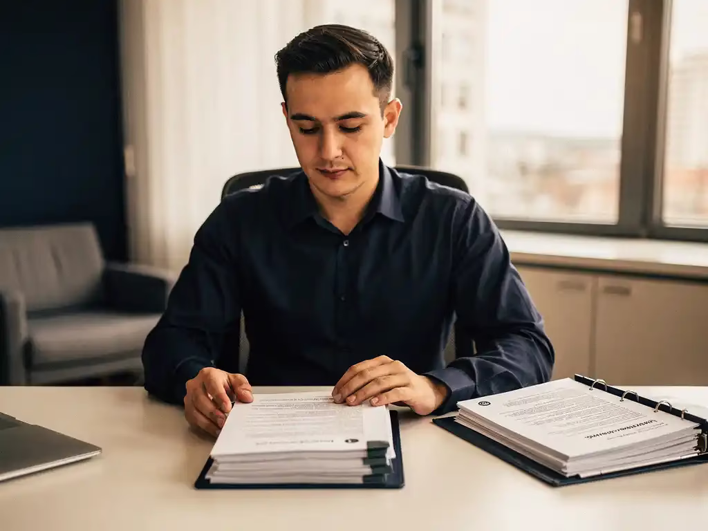 Tijdelijke werknemer leest arbeidscontract aan bureau met map arbeidsregelgeving, professionele kantooromgeving met natuurlijk daglicht.
