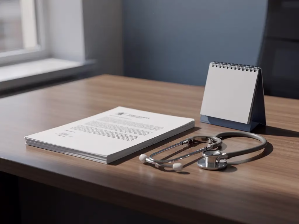 Bureau van zorgbeheerder met arbeidsovereenkomst, stethoscoop en kalender in zacht natuurlijk licht.