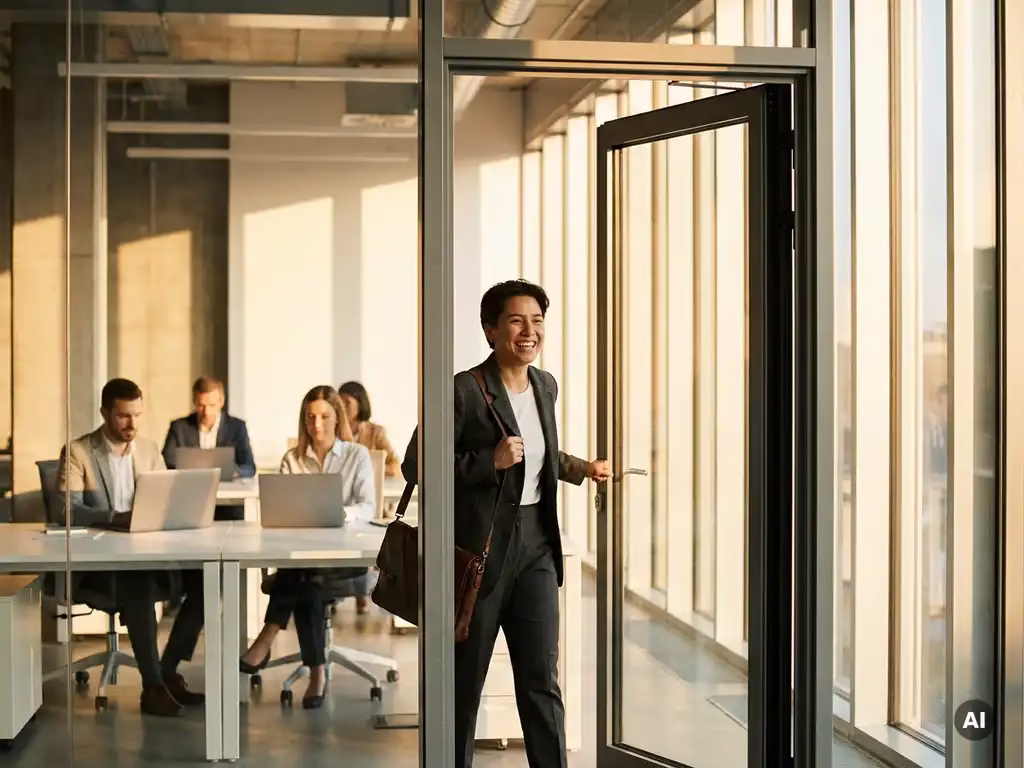 Professional stapt zelfverzekerd een modern kantoor binnen met glazen deur, collega's werken aan laptops in warm gouden licht.